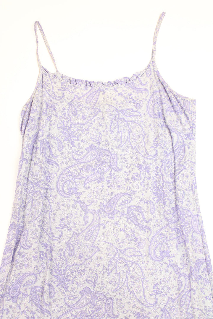 Purple Y2K St. Michael slip dress with paisley print.