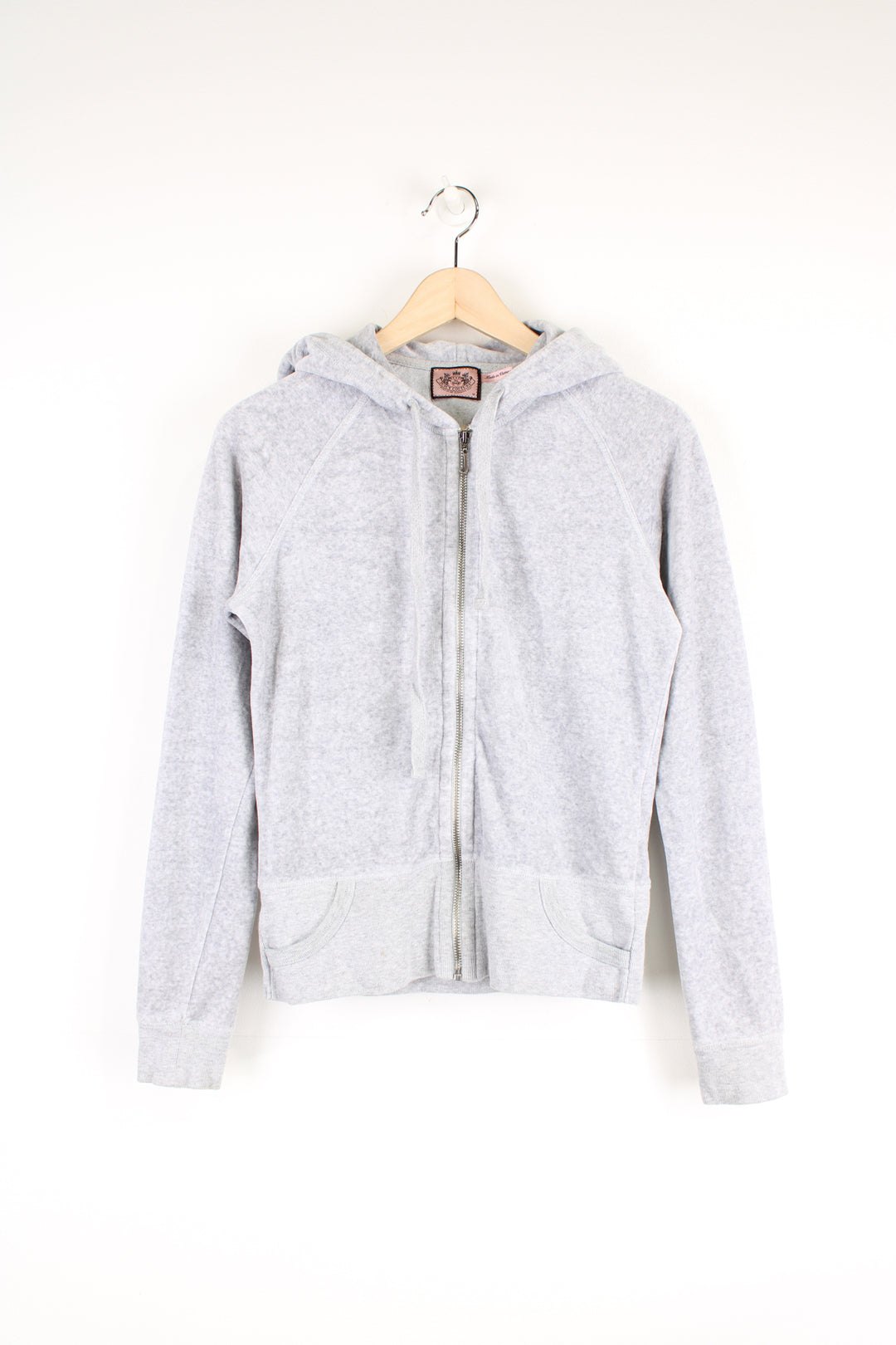 Grey velour zip through hoodie. Slim fit with branded with a J on the zip and pink diamante logo on the back.  good condition- faint mark on the front (see photos)  Size in Label:  M