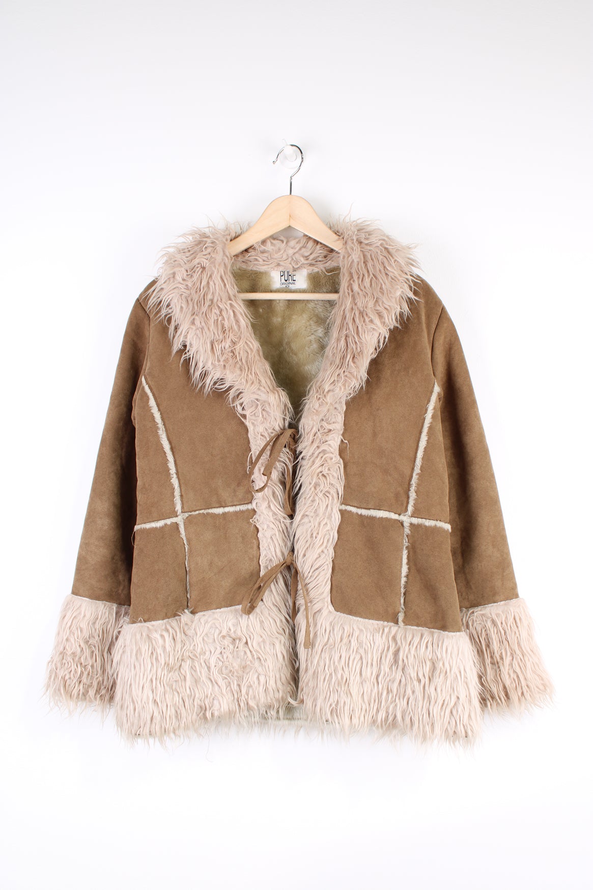 Vintage Y2K brown afghan coat made from faux sheepskin with cream faux fur trim. Closes with two ties at the front. good condition Size on Label: 12 - Measures like a Womens L