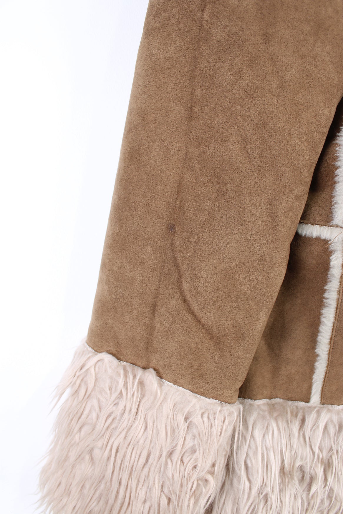 Vintage Y2K brown afghan coat made from faux sheepskin with cream faux fur trim. Closes with two ties at the front. good condition Size on Label: 12 - Measures like a Womens L