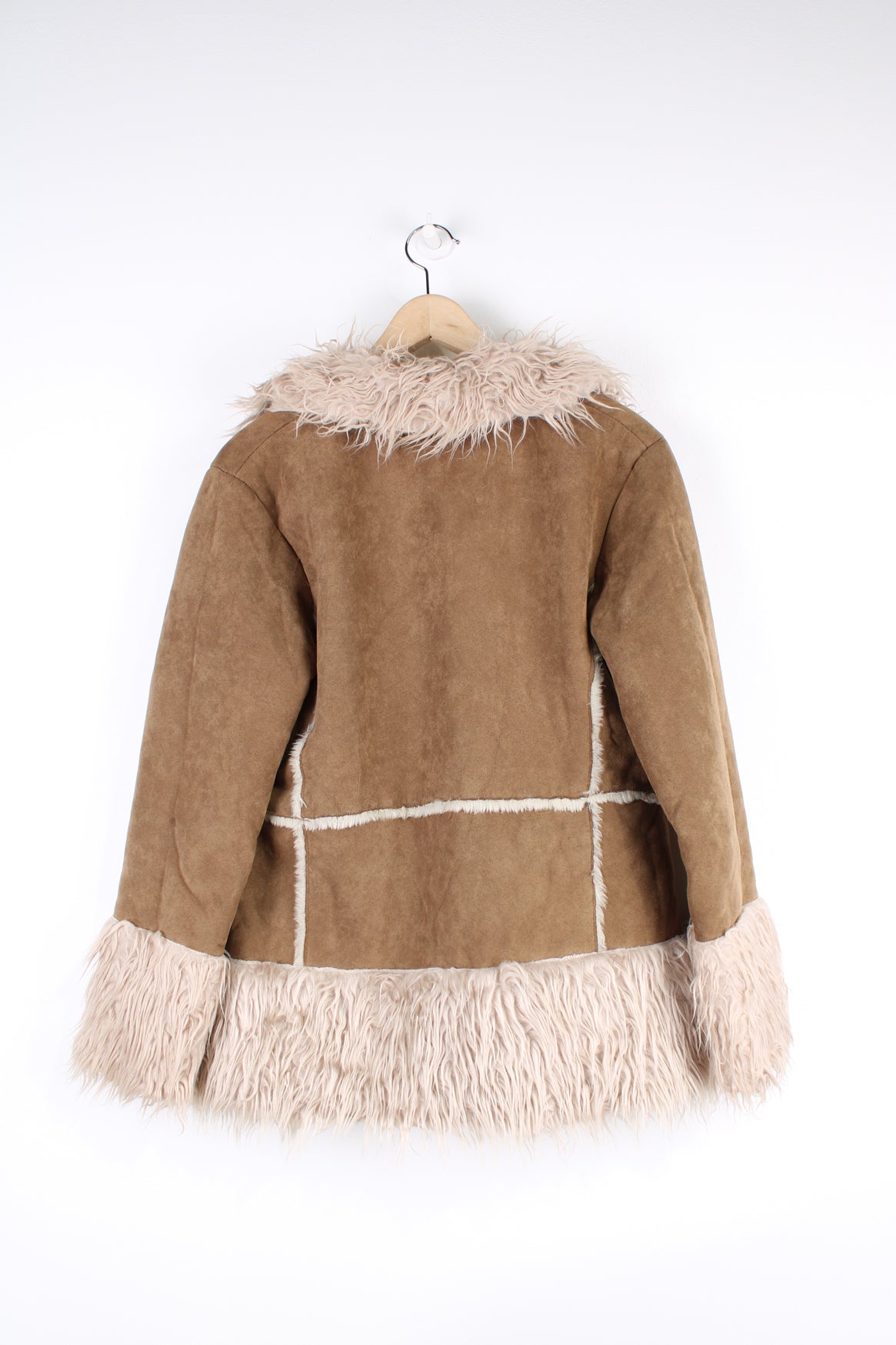 Vintage Y2K brown afghan coat made from faux sheepskin with cream faux fur trim. Closes with two ties at the front. good condition Size on Label: 12 - Measures like a Womens L