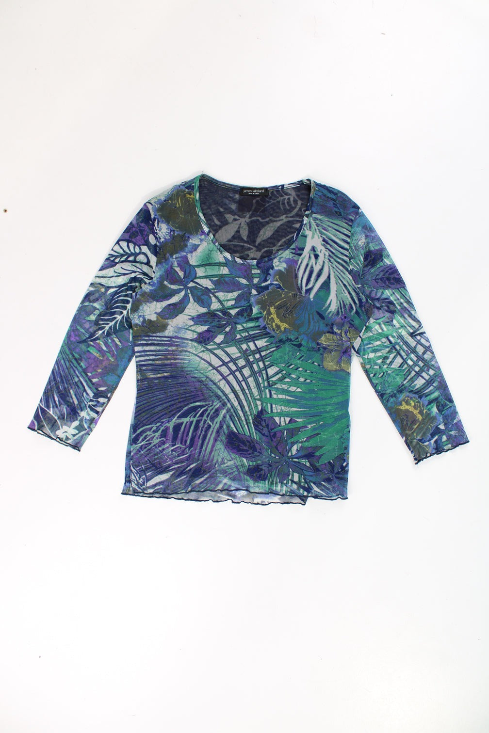 Y2K blue and green floral print mesh top with 3/4 length zips. good condition Size in Label: No Size Label - Measures like a womens M (measurements taken un-stretched, made from stretchy material so could fit multiple sizes)