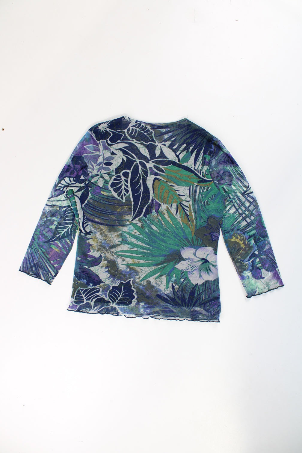 Y2K blue and green floral print mesh top with 3/4 length zips. good condition Size in Label: No Size Label - Measures like a womens M (measurements taken un-stretched, made from stretchy material so could fit multiple sizes)