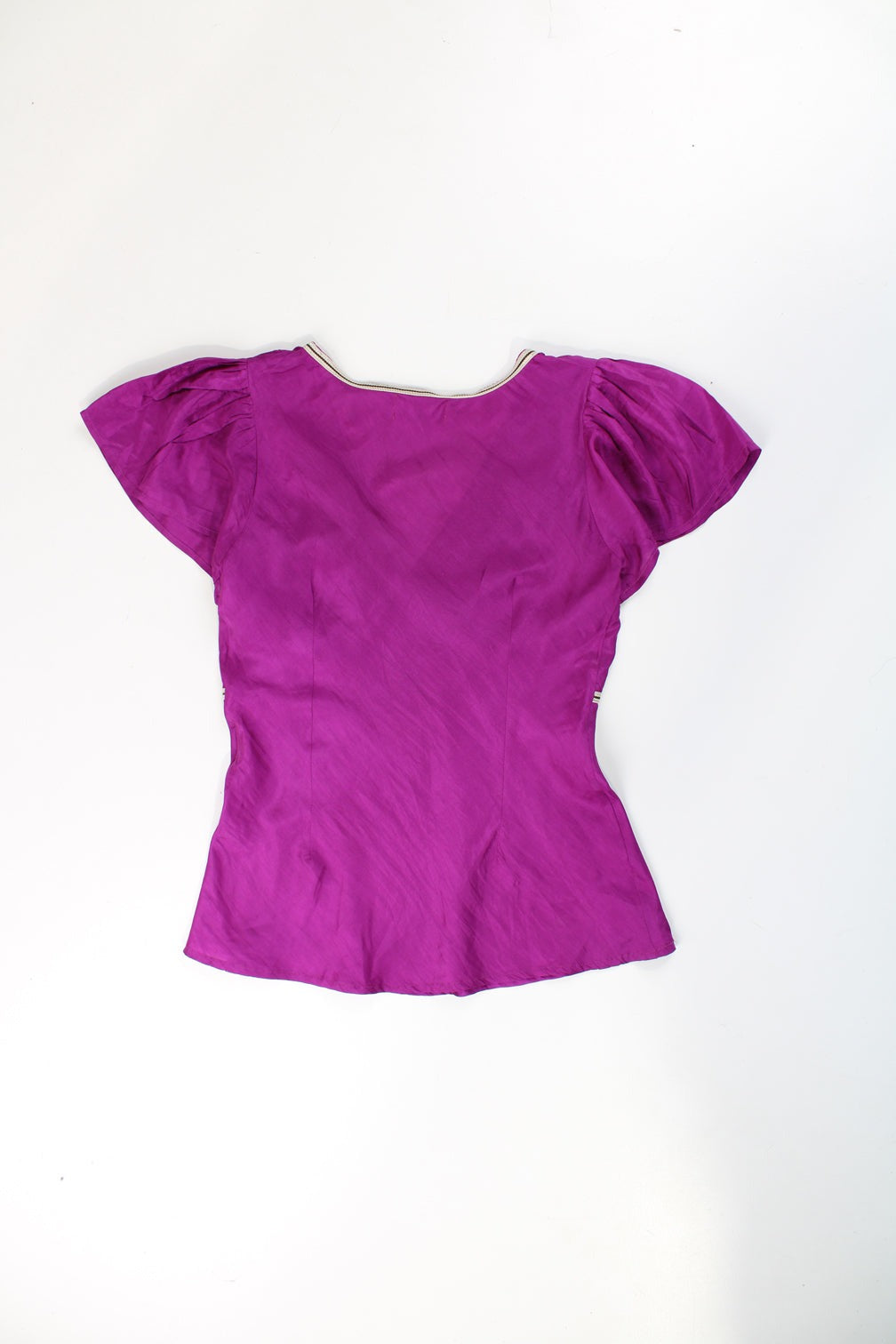 Y2K purple 100% silk top with metallic trim around the neck and ruffled cap sleeves. good condition Size in Label: S - Measures more like a Womens M