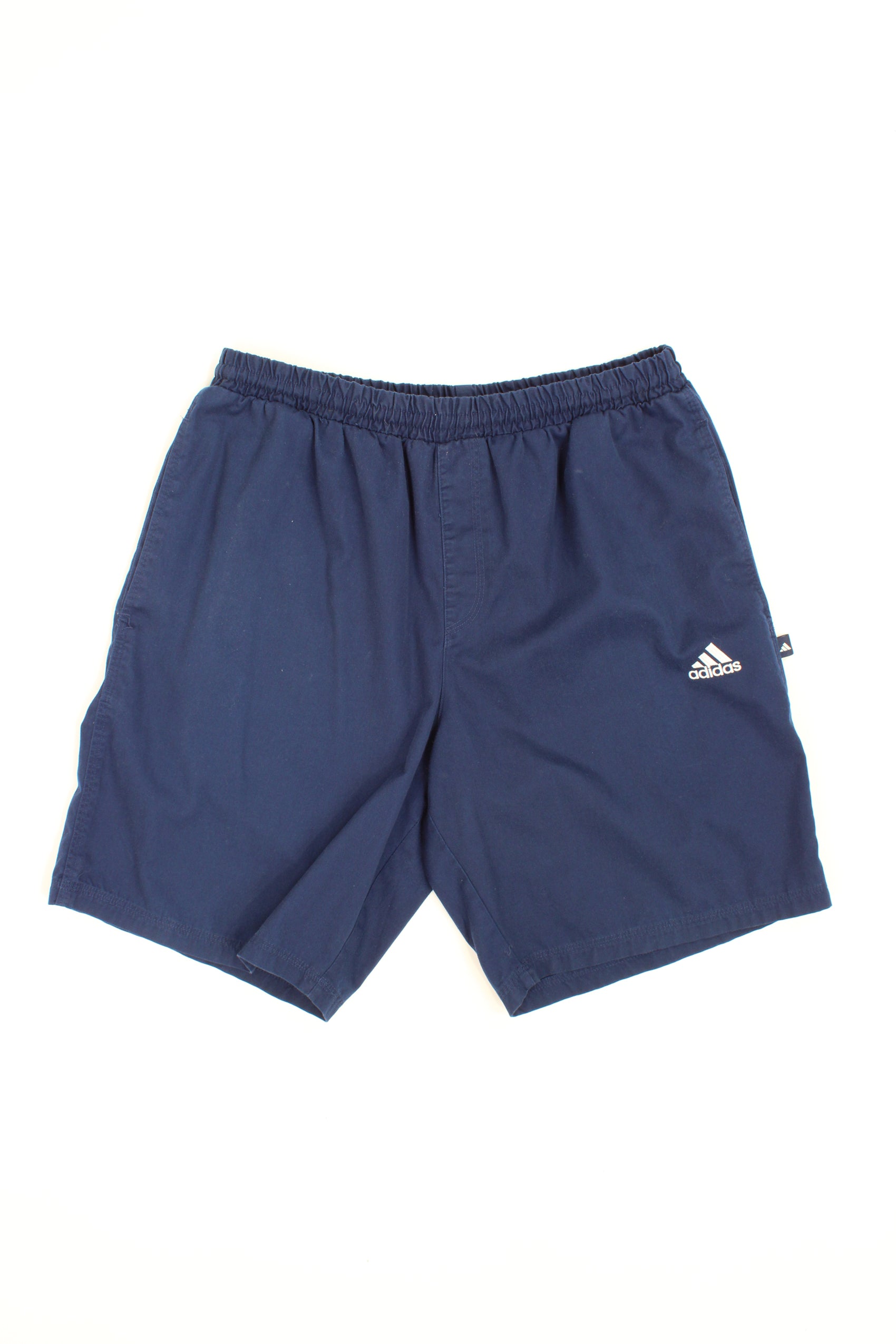 Navy blue Adidas three stripe cotton casual shorts with an embroidered logo on the pocket