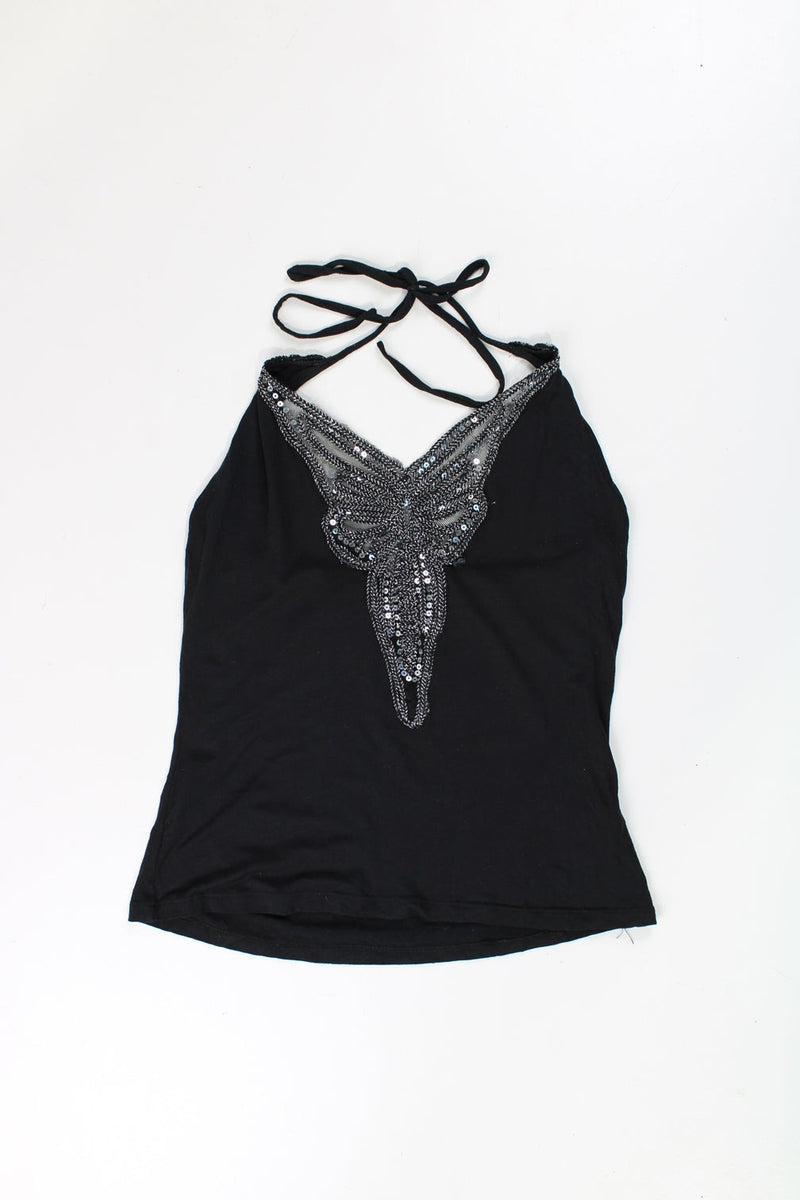 Black Y2K Morgan tie halter neck top, features metallic silver embroidered butterfly on the front