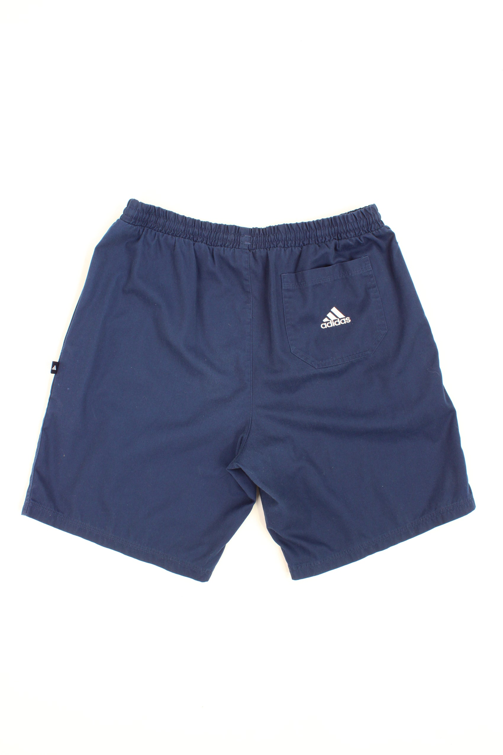 Navy blue Adidas three stripe cotton casual shorts with an embroidered logo on the pocket