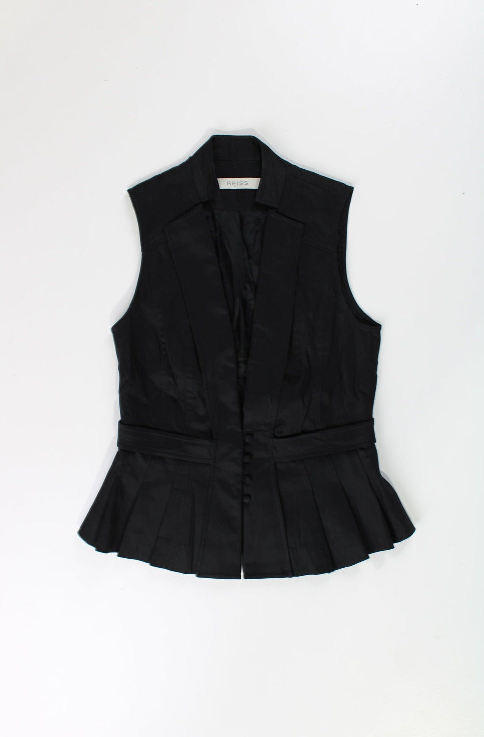 Y2K REISS black waistcoat top. Features pleated detail at the waist and closes with buttons down the front. good condition Size in Label: Womens XS