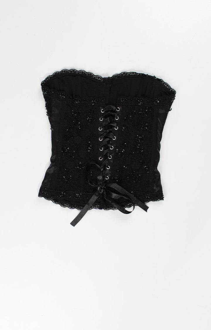 Black Y2K Jane Norman corset top. Made from a slightly stretchy black satin style fabric with lace and sequin embellishment. Closes with hook and eye fastenings down the front and also ties at the back to adjust the fit. good condition Size in Label: No Size Label - Measure like XS