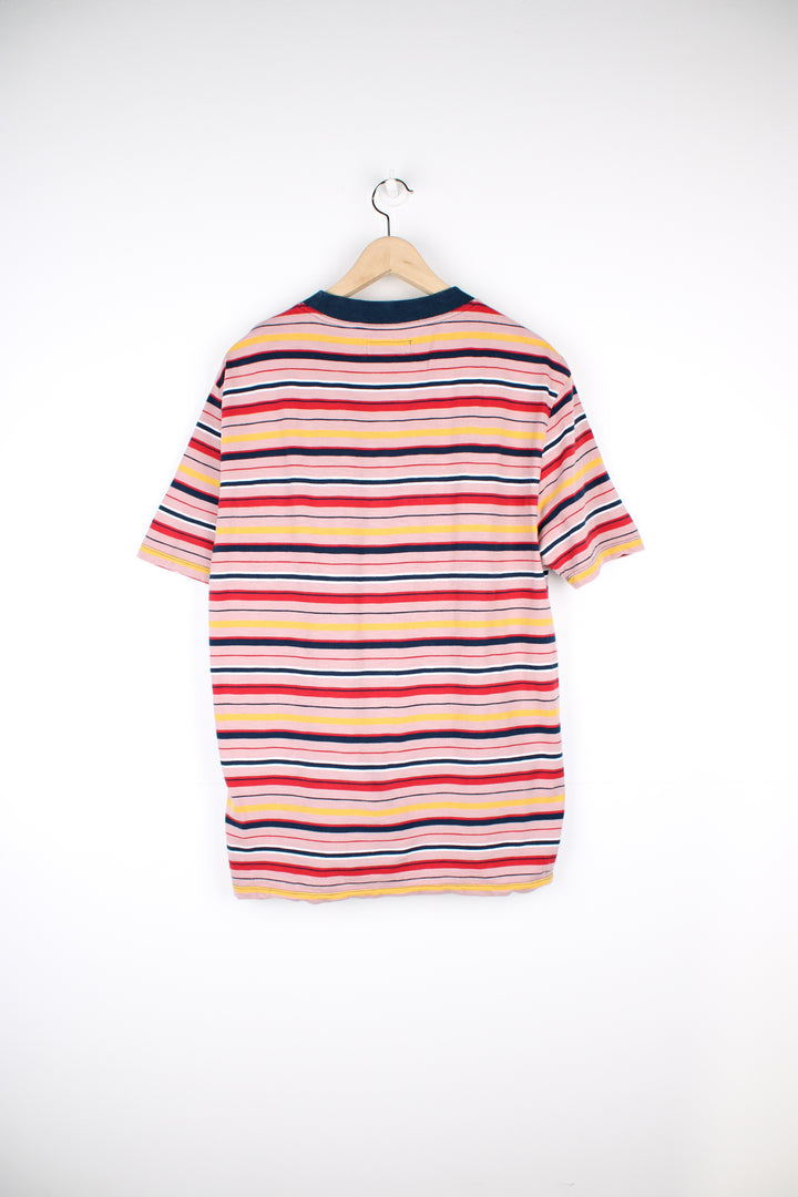 Guess pink and yellow striped cotton t-shirt with embroidered spell-out logo across the chest