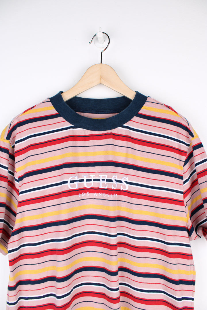 Guess pink and yellow striped cotton t-shirt with embroidered spell-out logo across the chest