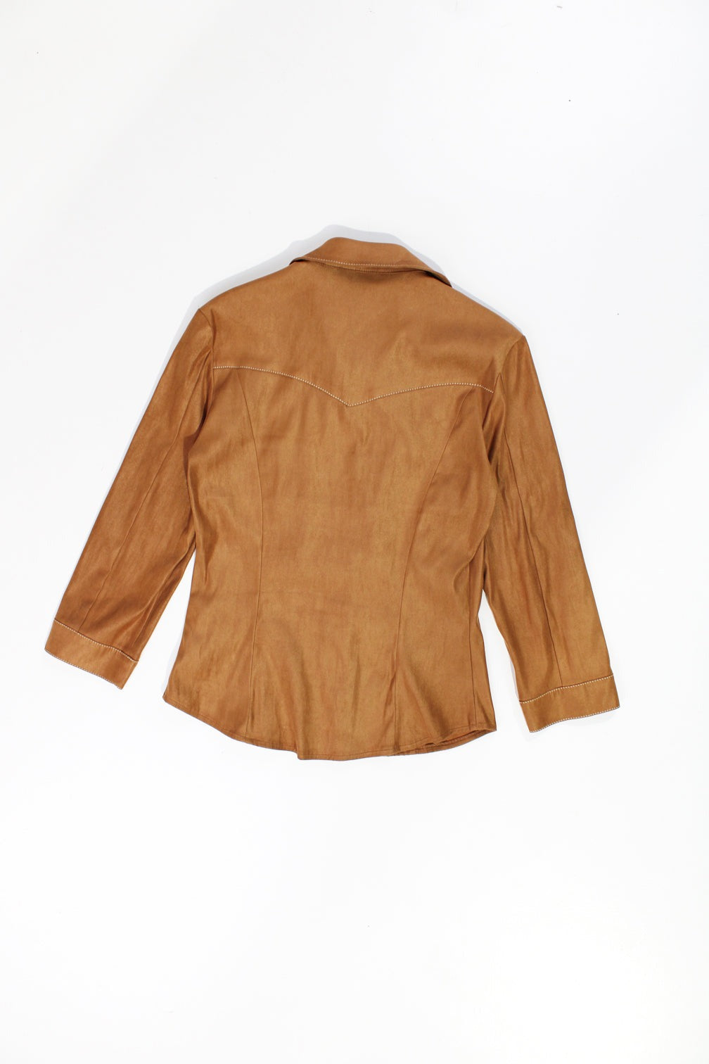 Vintage Y2K Next brown faux suede shirt. Features 3/4 length sleeves, contrast stitch detail and closes with hook and eye fastenings down the front. Made from slightly stretchy material.  good condition  Size in label:   UK 10 (M)