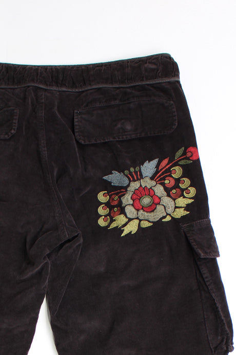 Y2K Desigual mid rise, brown velvet, flared cargo trousers. Features floral embroidery throughout.  good condition   Size in Label:  40 - Measures more like a womens M