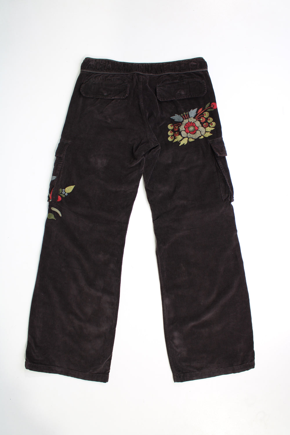 Y2K Desigual mid rise, brown velvet, flared cargo trousers. Features floral embroidery throughout.  good condition   Size in Label:  40 - Measures more like a womens M