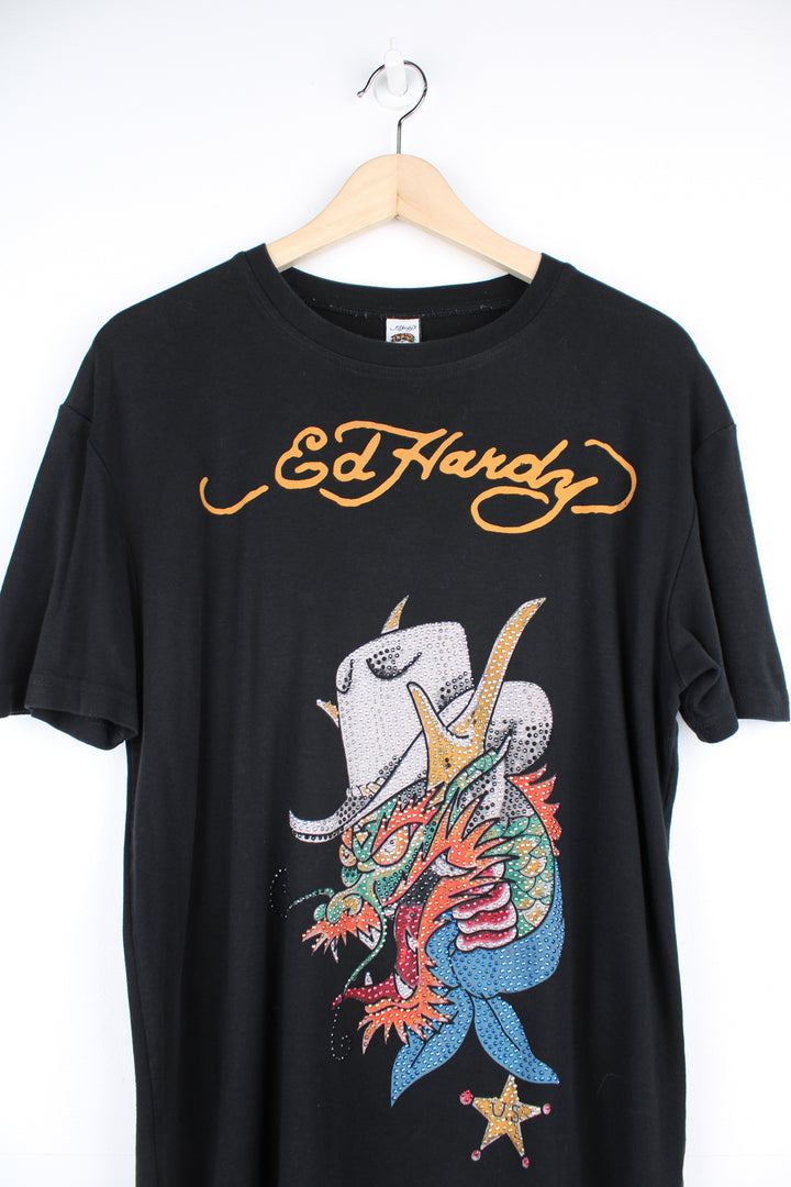 Vintage Ed Hardy t-shirt, features tattoo style bedazzled dragon graphic on the front