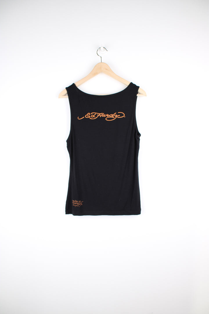 Y2K Ed Hardy vest top in black, features tattoo style "True Love" pierced heart graphic on the front with jewels