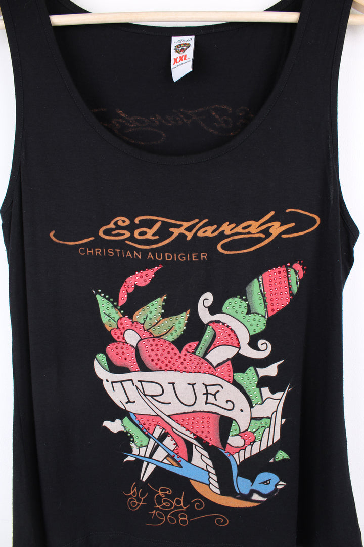 Y2K Ed Hardy vest top in black, features tattoo style "True Love" pierced heart graphic on the front with jewels