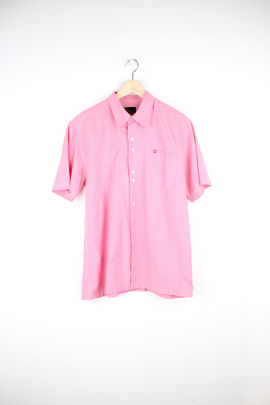 Quiksilver pink button up striped shirt with chest pocket, embroidered logo and printed design on the back of the shoulder