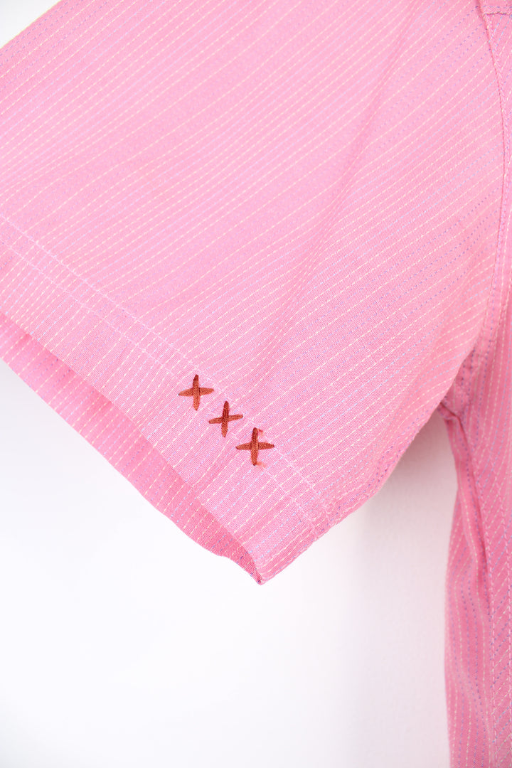 Quiksilver pink button up striped shirt with chest pocket, embroidered logo and printed design on the back of the shoulder