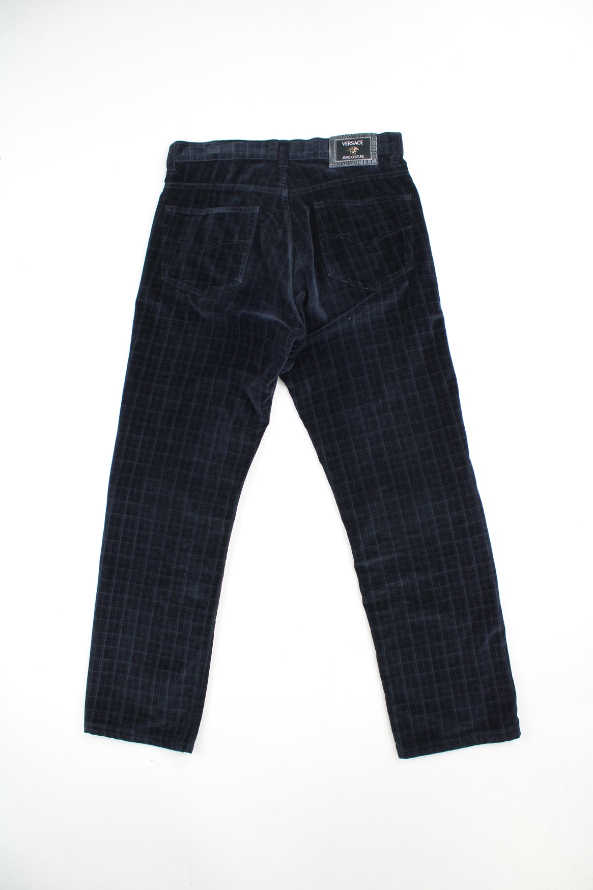 Vintage Versace dark blue tartan high-waisted trousers in velvet, features branded hardware 