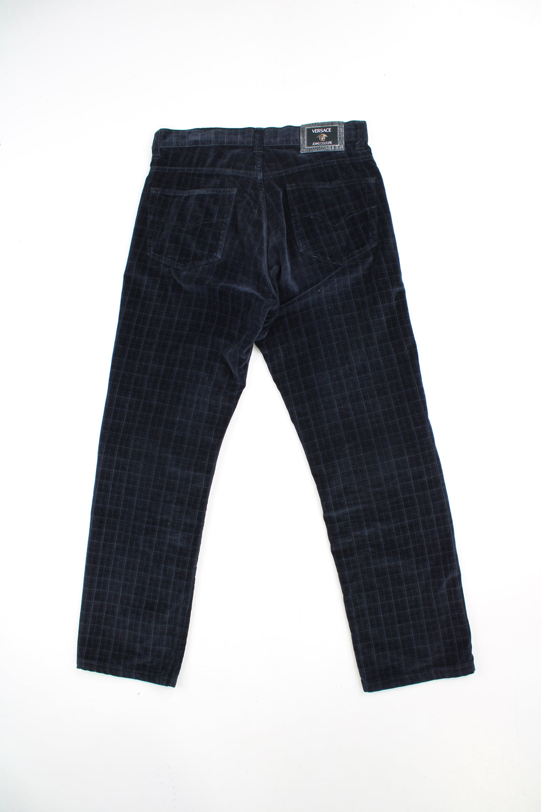 Vintage Versace dark blue tartan high-waisted trousers in velvet, features branded hardware 