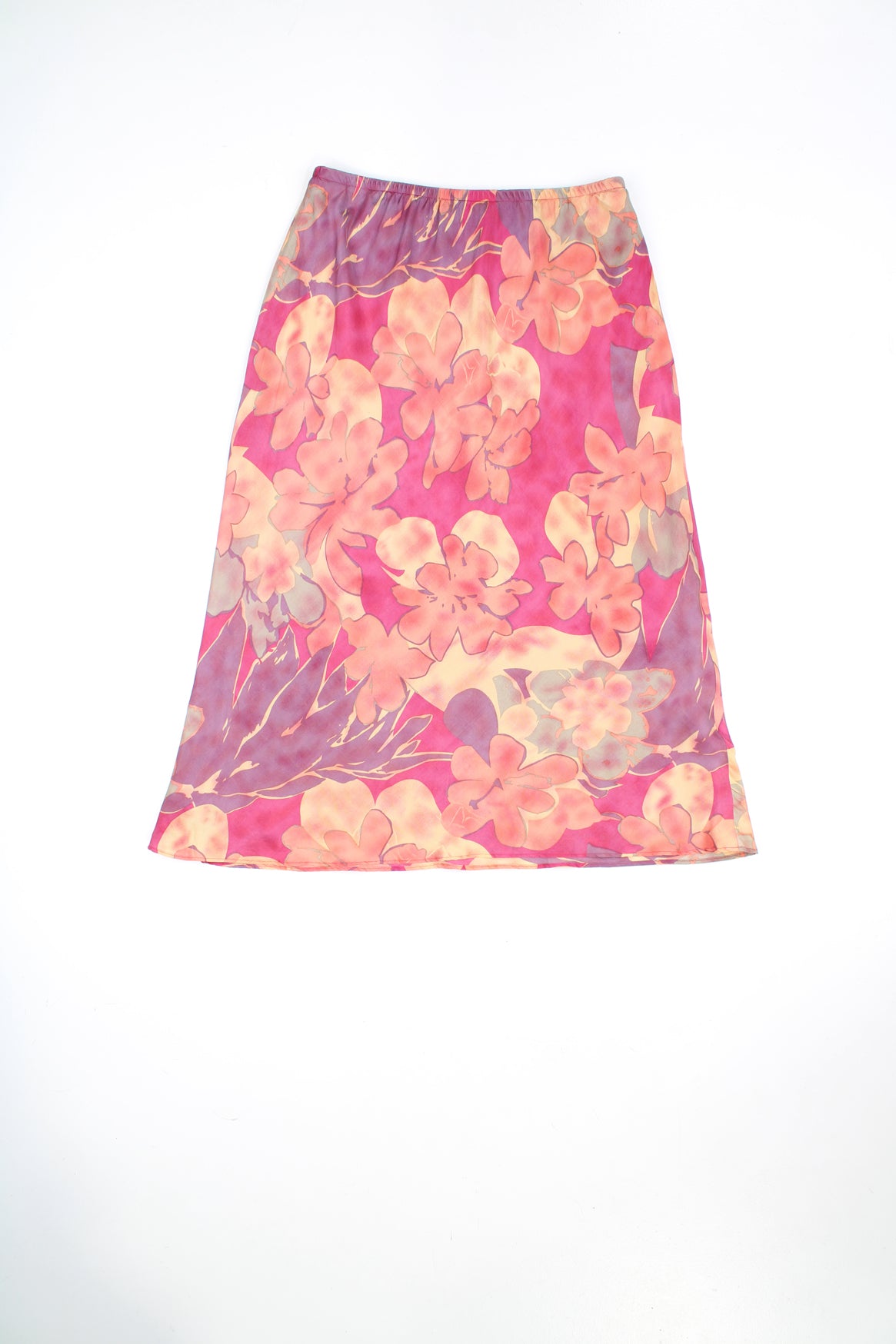 Vintage Y2K pink floral print silk midi skirt. Could be worn mid or low rise depending on measurements. Made by D.I.O.   good condition - has a faint mark on the side (see photos)  Size in label:   Womens size 12 (M)