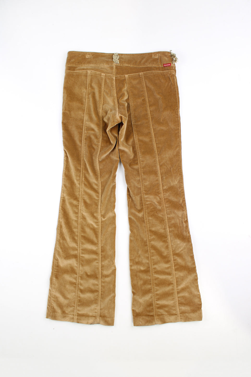 Y2K Guess velvet golden/tan slightly flared low rise trousers with fluffy belt loops and pockets 