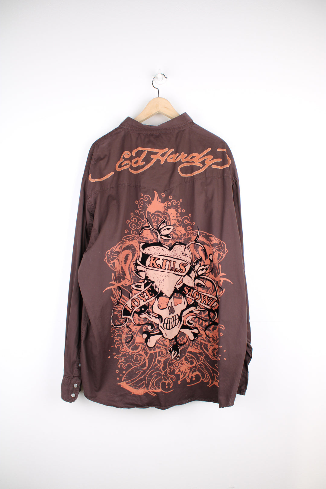 Y2K Ed Hardy brown button up cotton shirt with velvet skull graphic on the back 