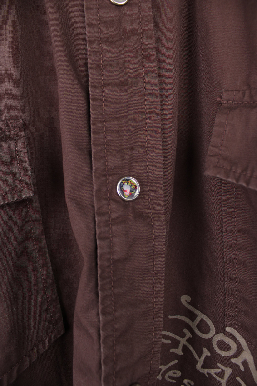 Y2K Ed Hardy brown button up cotton shirt with velvet skull graphic on the back 