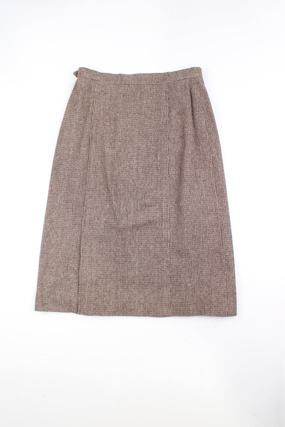 Vintage Aquascutum made in England brown tweed high-waisted midi skirt, with zip. 