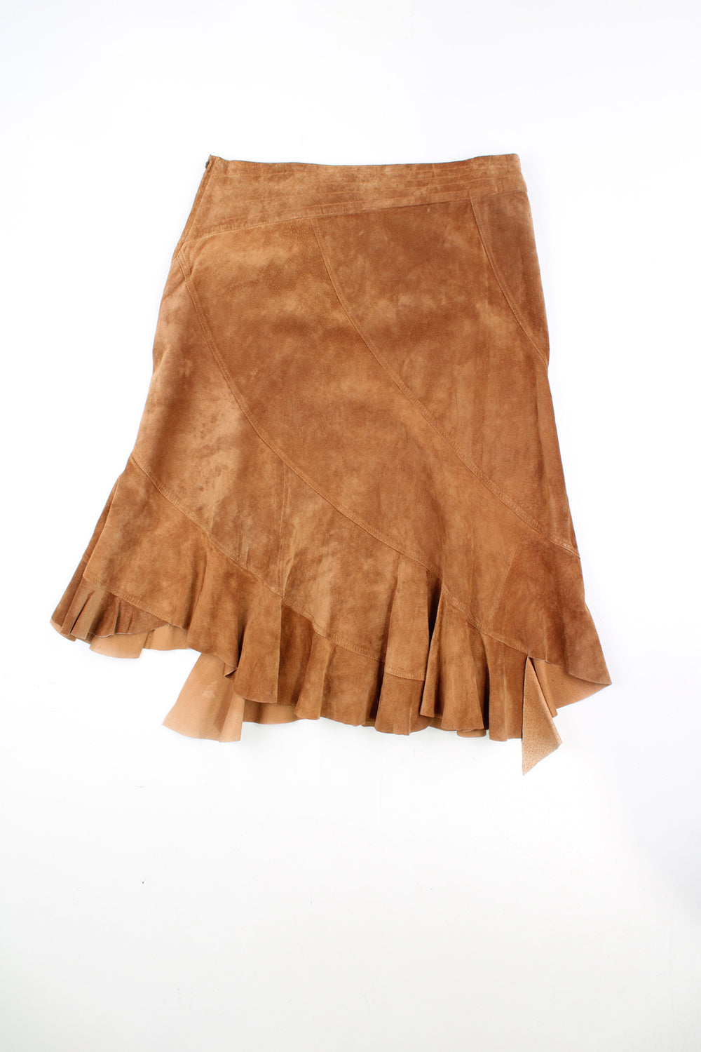 Vintage brown suede asymmetrical midi skirt with ruffled hem and lining