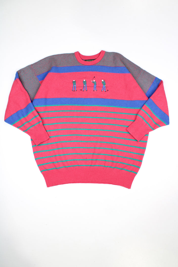 Vintage Lyle & Scott 100% pure lambswool pink and blue striped knitted jumper, features embroidered golfers on the front