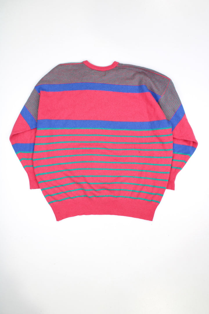 Vintage Lyle & Scott 100% pure lambswool pink and blue striped knitted jumper, features embroidered golfers on the front