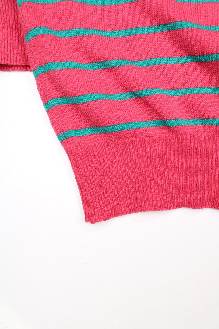 Vintage Lyle & Scott 100% pure lambswool pink and blue striped knitted jumper, features embroidered golfers on the front