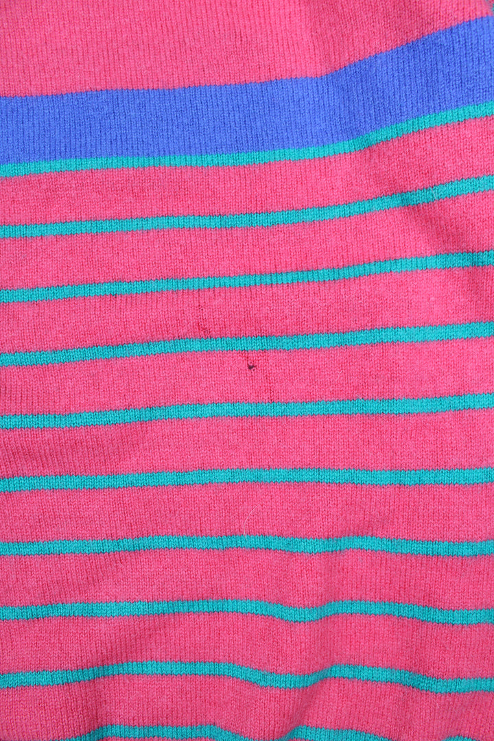 Vintage Lyle & Scott 100% pure lambswool pink and blue striped knitted jumper, features embroidered golfers on the front