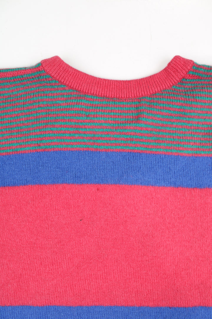 Vintage Lyle & Scott 100% pure lambswool pink and blue striped knitted jumper, features embroidered golfers on the front