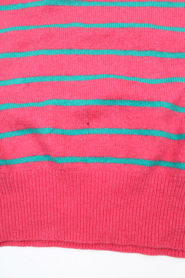 Vintage Lyle & Scott 100% pure lambswool pink and blue striped knitted jumper, features embroidered golfers on the front