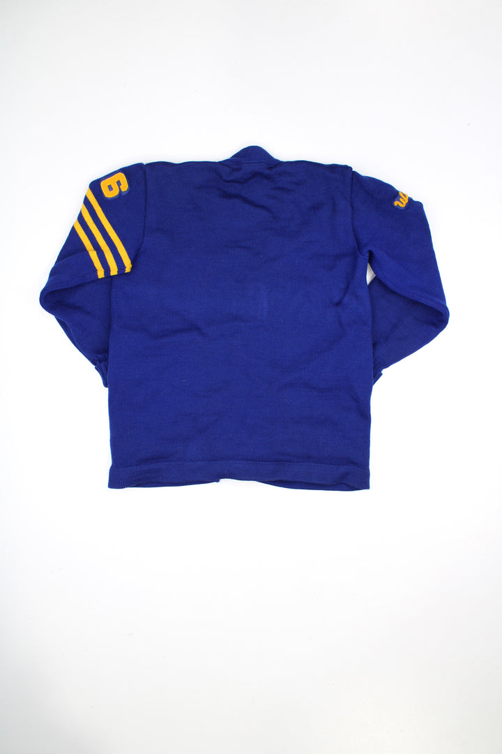 Vintage 1960's 100% wool blue and yellow varsity/letterman cardigan, features embroidered badges all over