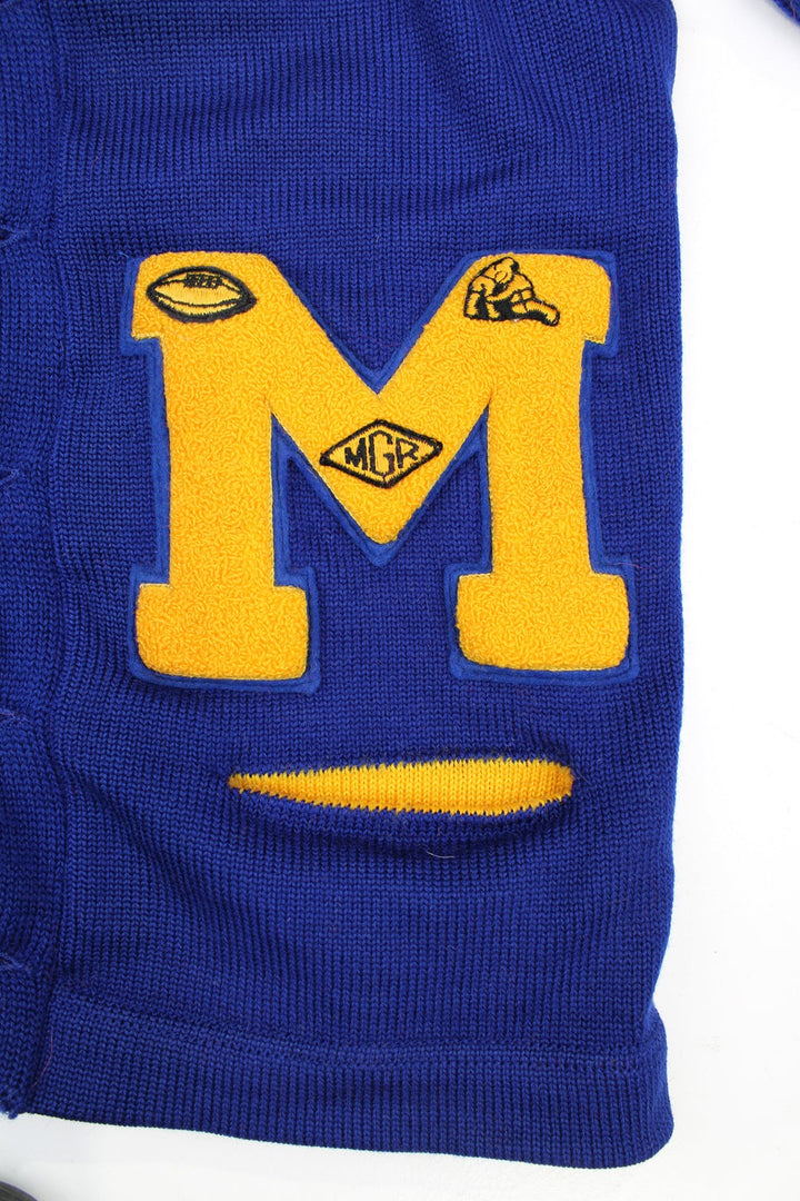 Vintage 1960's 100% wool blue and yellow varsity/letterman cardigan, features embroidered badges all over