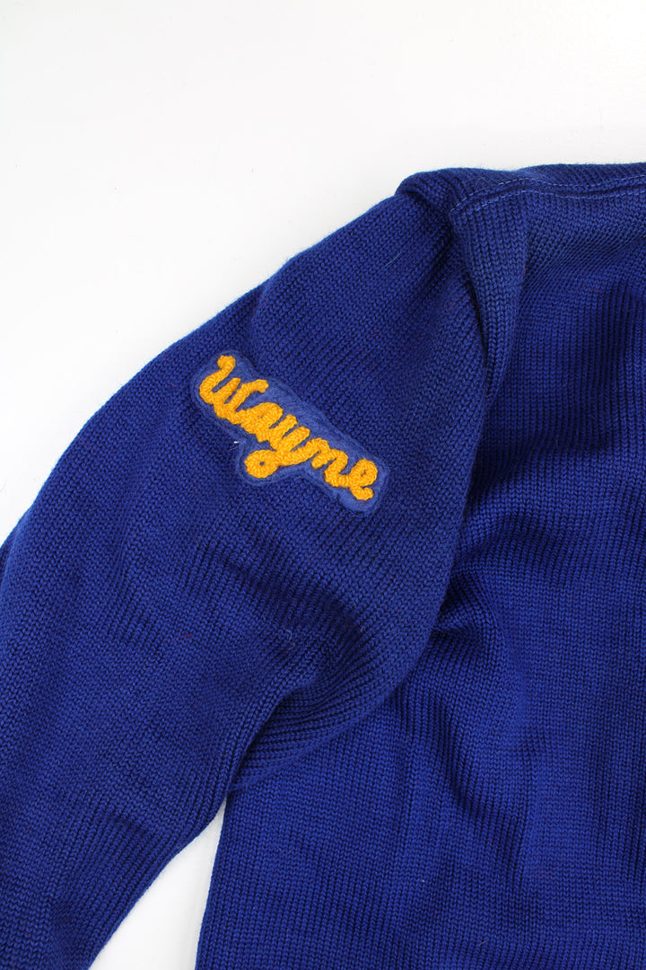 Vintage 1960's 100% wool blue and yellow varsity/letterman cardigan, features embroidered badges all over