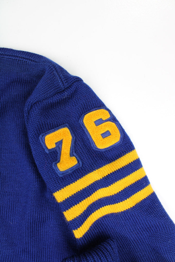 Vintage 1960's 100% wool blue and yellow varsity/letterman cardigan, features embroidered badges all over