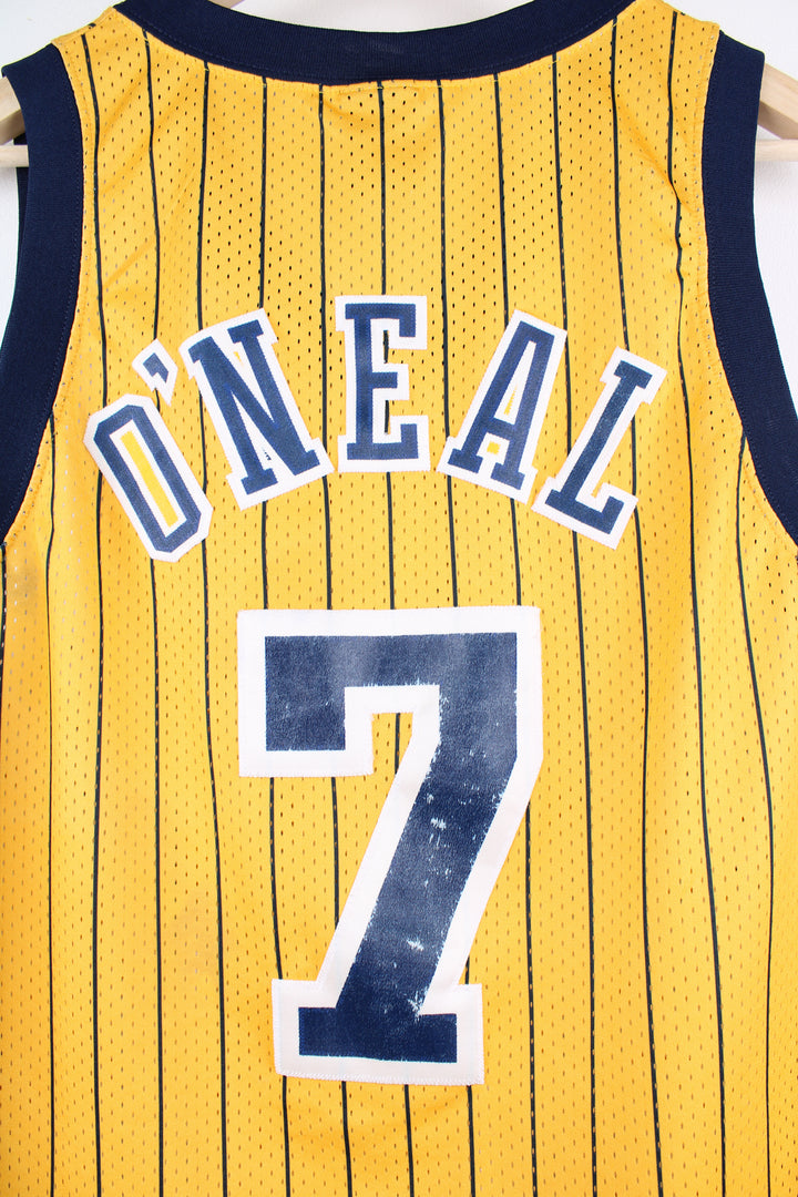 Jermaine O'Neal #7 for the Indiana Pacers NBA jersey in yellow by Nike, features embroidered spell-out on the front and back