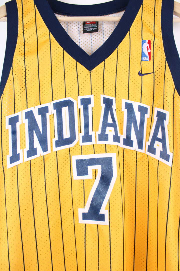 Jermaine O'Neal #7 for the Indiana Pacers NBA jersey in yellow by Nike, features embroidered spell-out on the front and back