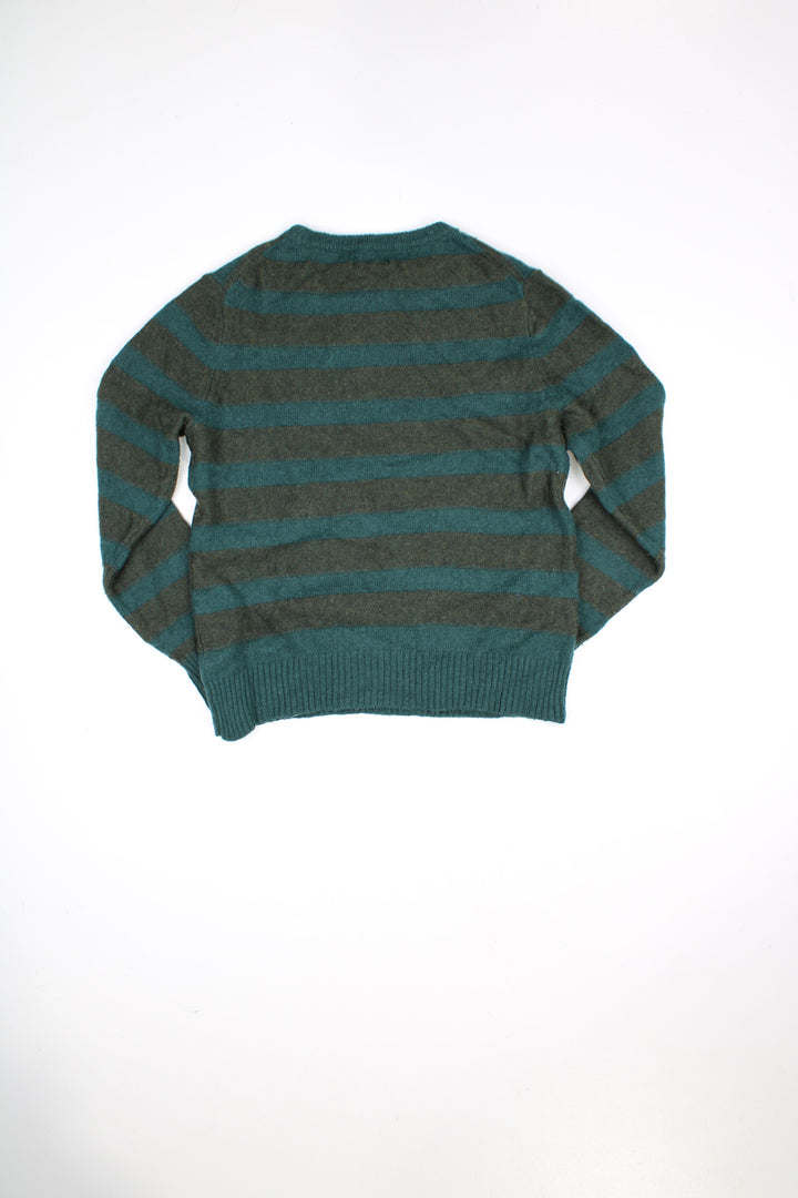 Vintage Kappa wool, green striped knit jumper features embroidered logo on the chest