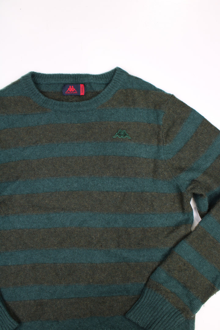 Vintage Kappa wool, green striped knit jumper features embroidered logo on the chest