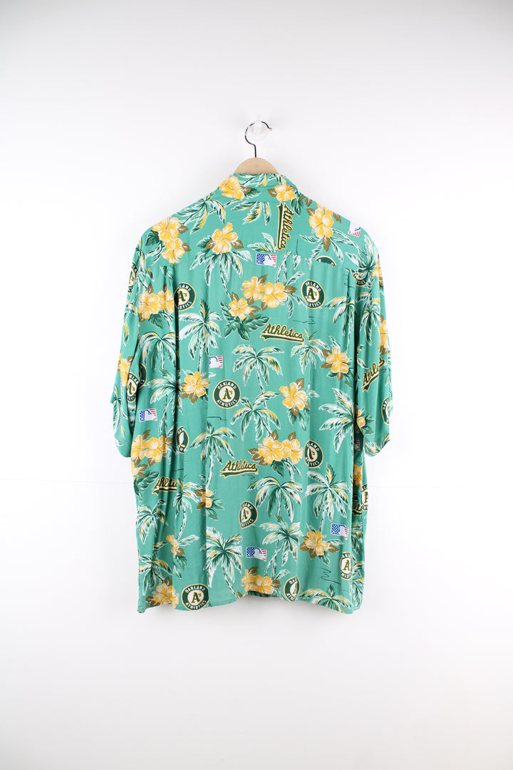 Vintage Reyn Spooner Oakland Athletics Hawaiian shirt in green, features all over print and baseball buttons 