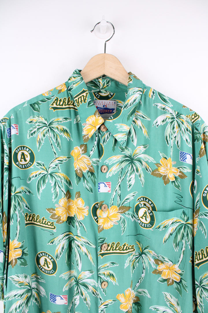 Vintage Reyn Spooner Oakland Athletics Hawaiian shirt in green, features all over print and baseball buttons 