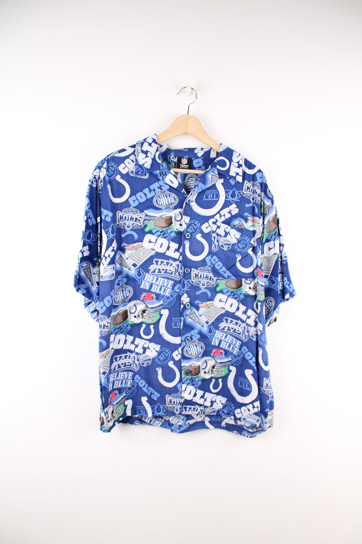 Vintage Indianapolis Colts Hawaiian shirt in blue, features all over pattern and chest pocket 