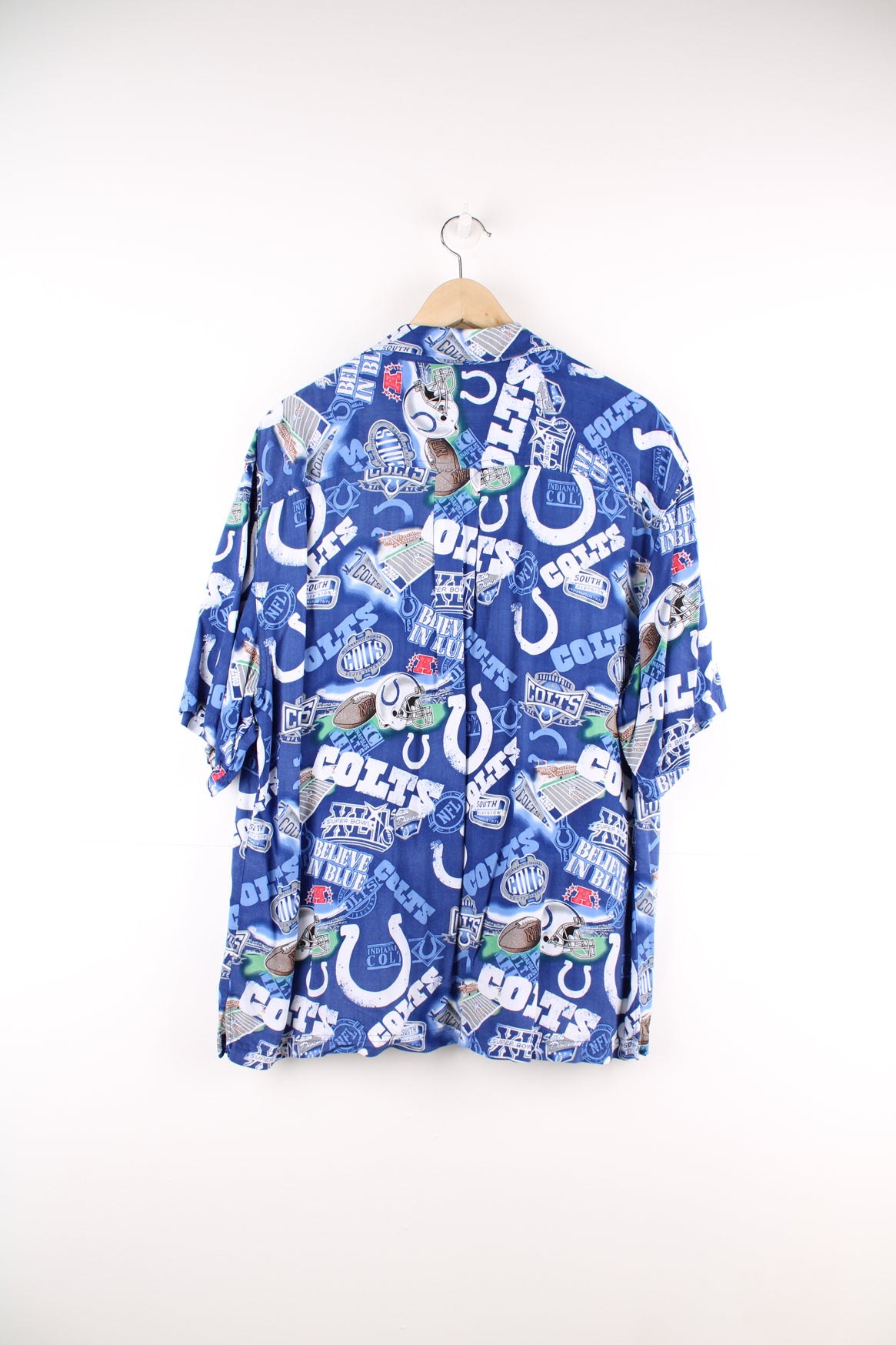 Vintage Indianapolis Colts Hawaiian shirt in blue, features all over pattern and chest pocket 