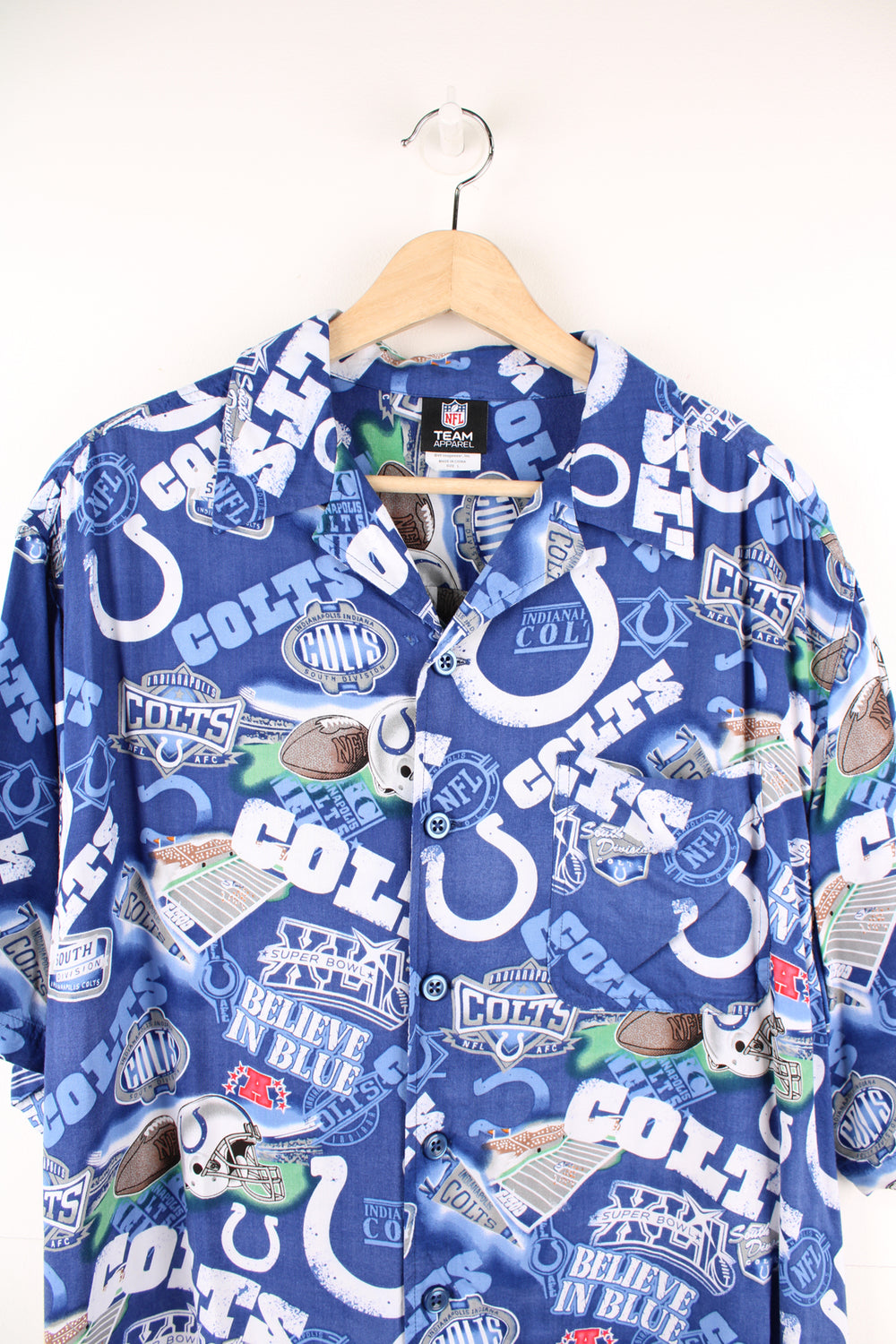 Vintage Indianapolis Colts Hawaiian shirt in blue, features all over pattern and chest pocket 